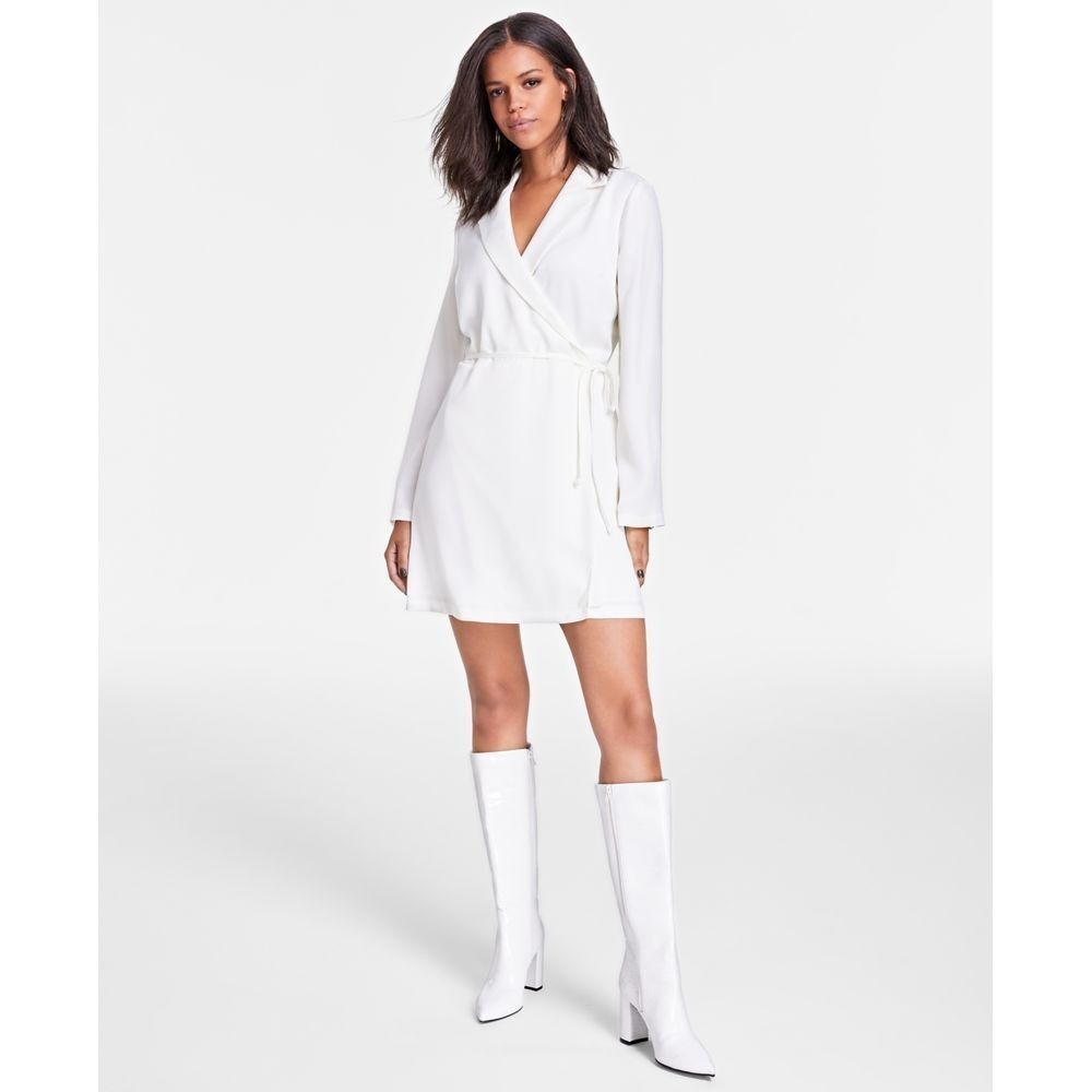 bar III Wrap Mini Dress Womens XS Winter Ivory Satin Tie Front Tuxedo Collared